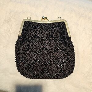 Vintage Fine Arts Bay Co.  Black Beaded Clutch Kisslock Clutch Crossbody